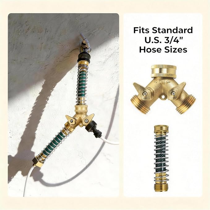 VANCOCO Garden Hose Coiled Spring Protectors, 3/4" Heavy Duty Brass Hose Splitter 2 Way with Hose Spring Protector for Garden Hose
