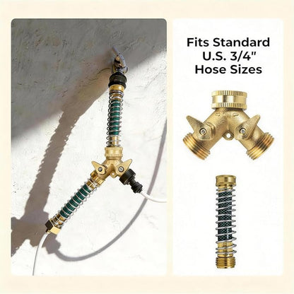 VANCOCO Garden Hose Coiled Spring Protectors, 3/4" Heavy Duty Brass Hose Splitter 2 Way with Hose Spring Protector for Garden Hose