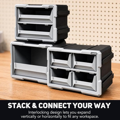 Modular Stackable Storage Organizer, 1 Bin Heavy-Duty Interlocking Tool Box with Removable Handle, Wall-Mount Back Holes, Expandable Garage & Workshop Storage System