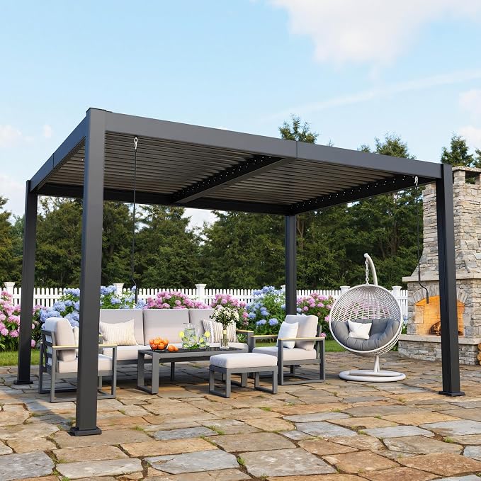 10' x 12' Louvered Pergola, Aluminum Frame Outdoor Pergola with Adjustable Louvered Roof & Integrated Gutter System, Hardtop Patio Gazebo for Backyard, Patio, Garden, Dark Gray
