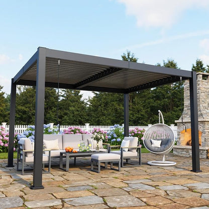 10' x 12' Louvered Pergola, Aluminum Frame Outdoor Pergola with Adjustable Louvered Roof & Integrated Gutter System, Hardtop Patio Gazebo for Backyard, Patio, Garden, Dark Gray