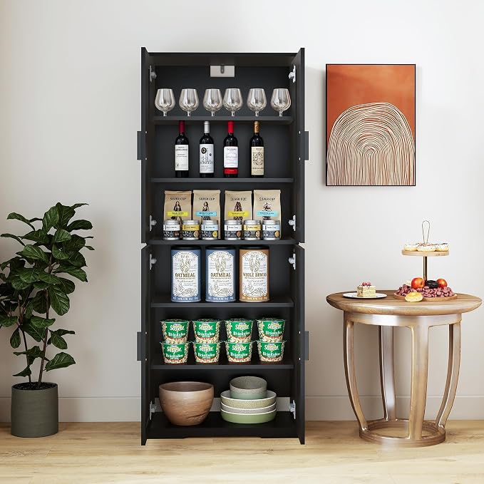 Farmhouse Storage Cabinet with 4 Door, Kitchen Pantry Storage with 4 Adjustable Shelves Wooden Cupboard for Kitchen, Dining Room, Living Room, Bathroom (Black)