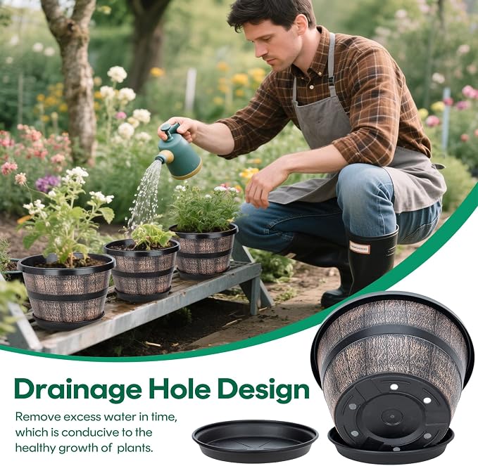 Uneed 10 Inch Whiskey Barrel Planter Pots, 4 Pack Plastic Flower Pots with Drainage Holes & Saucers, Retro Outdoor Pots for Plants, Patio, Lawn Decor (Brown)