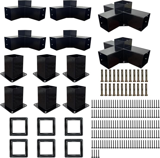 Pergola Kit with 3-Way Brackets & 4-Way Corner Brackets for 4"x 4" (Actual 3.6" X 3.6") Lumber, Heavy Duty Iron Gazebo Bracket Kits Suitable for Pergolas, Gazebos Includes Metal Base, Screws