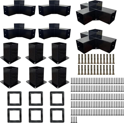Pergola Kit with 3-Way Brackets & 4-Way Corner Brackets for 4"x 4" (Actual 3.6" X 3.6") Lumber, Heavy Duty Iron Gazebo Bracket Kits Suitable for Pergolas, Gazebos Includes Metal Base, Screws
