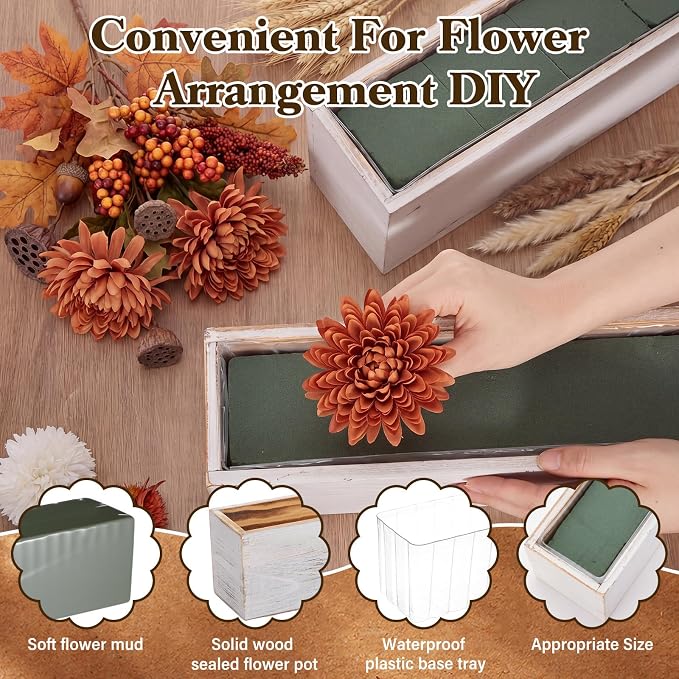 Sintuff 4 Set Rectangle Wooden Planters, 24 x 4 Inch Wood Boxes with Removable Plastic Liner & Floral Foam Blocks, Rustic Wood Planter for DIY Centerpieces Home Wedding Garden Bookshelf Decor (White)