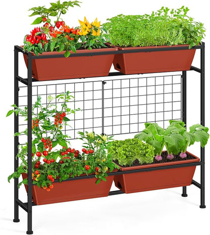 OYEAL Raised Garden Beds with Legs & Trellis, 32" Tall Herb Garden Planters for Indoor/Outdoor Plants, Vertical Elevated Flower Box for Backyard, Porch, Patio, Balcony, Red