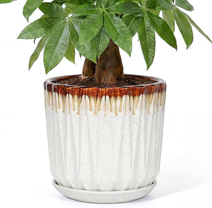 10 Inch Ceramic Planter Pot with Saucer Drainage Leak-Proof Mesh,Flower Pots for Indoor Plants with Gardening Gloves,Ceramic Planter(Linen White)