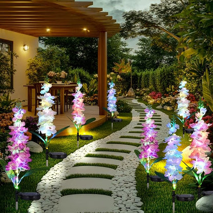 4-Pack Solar Delphinium Garden Decor, 4 LED Flower Stake Lights - Waterproof Long-Lasting Outdoor Solar Patio Decor for Lawn, Yard & Pathway