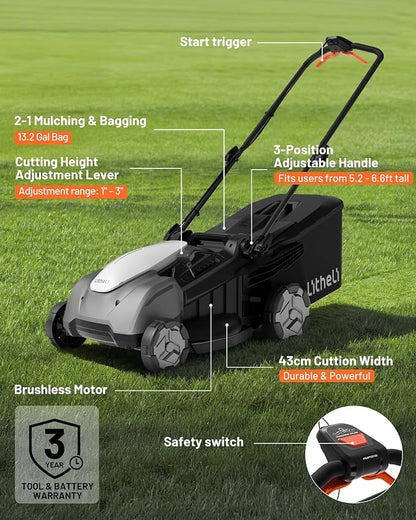 Litheli 18-inch 40V Brushless Lawn Mower for Garden Yards, Lightweight Cordless Lawn Mower Battery Powered with 6-Position Height Adjustment, 2x5.0Ah Battery Included