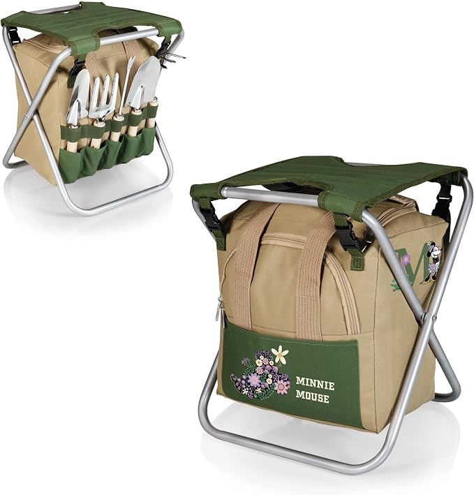 PICNIC TIME Disney Minnie Mouse Gardener Folding Seat with Tools, Folding Garden Stool with Detachable Tote and 5 Piece Hand Tool Set Organizer, (Olive Green with Beige Accents)