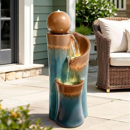 32" Ceramic Outdoor Water Fountain w/LED, Teal & Copper Water Feature | high-fired ceramic water fountain outdoor garden decor, lighted cascading waterfall, tranquil oasis for patio, yard, porch