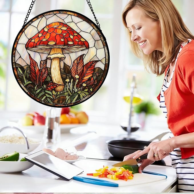 DASTOLL Stained Glass Window Hanging, Big Red Mushroom Suncatcher for Doors Home Sun Catchers Decoration and Christmas, Mother's Day Birthday Gifts for Women, Men, and Mom 7.8 in