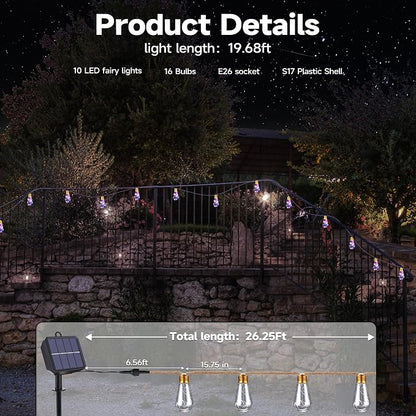 Solar Outdoor String Lights, 20Ft Vintage Rope Hemp Solar Patio Lights, Waterproof Multicolor Solar Powered String Lights With 8 Modes 16 Shatterproof Bulbs for Garden Fence Stairs Balcony Café Bistro