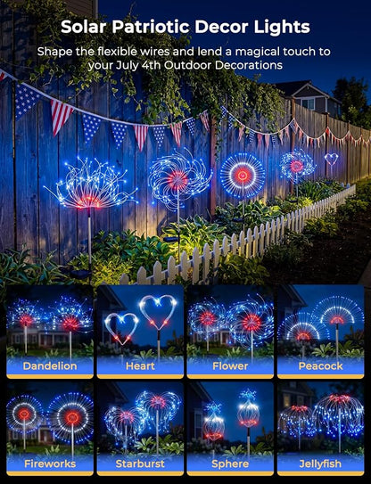Red White Blue Solar Lights Outdoor, 4th of July Decorations, 2 Pack 150LED Solar Firework Patriotic Decor, Fourth of July Fairy Lights with 8 Modes for Yard Garden Pathway Patio Independence Day