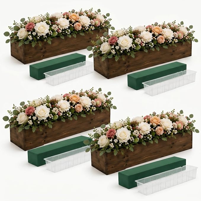 Dandat 4 Set Wood Boxes for Centerpieces 16x4 Inch Rectangle Wooden Planter Box Rustic Wooden Planters with Removable Plastic Liner Floral Foam Blocks for Christmas Wedding Home Garden Decor(Brown)