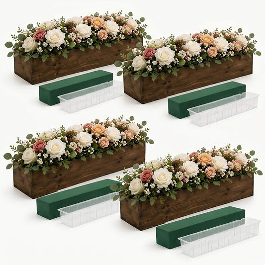 Dandat 4 Set Wood Boxes for Centerpieces 16x4 Inch Rectangle Wooden Planter Box Rustic Wooden Planters with Removable Plastic Liner Floral Foam Blocks for Christmas Wedding Home Garden Decor(Brown)