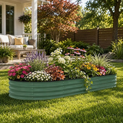 GarveeTech Oval Raised Garden Bed 8x2x1.5 ft - 0.6mm Thick Metal Raised Bed, Rust & Corrosion Resistant, Open Bottom for Drainage, Anti-Cut Strip Included, for Vegetables Flowers Planting, Green