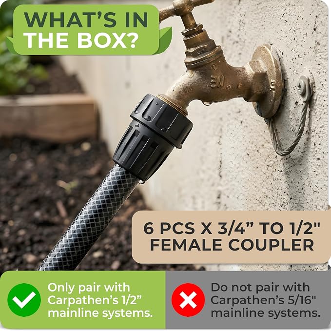 Carpathen Drip Irrigation Parts - 6PCS Faucet Connectors 3/4" to 1/2" Female Adapter for Irrigation Tubing - Leak Free Connectors for Garden Watering Systems