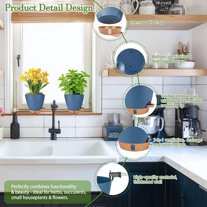 6 Inch Self Watering Pots for Indoor Plants(5-Pack) – Small Plastic Planters with Water Level Window, Drainage Holes & Detachable Trays, Indoor Outdoor Flower Pots for Herbs, Snake,Pothos(Navy Blue)