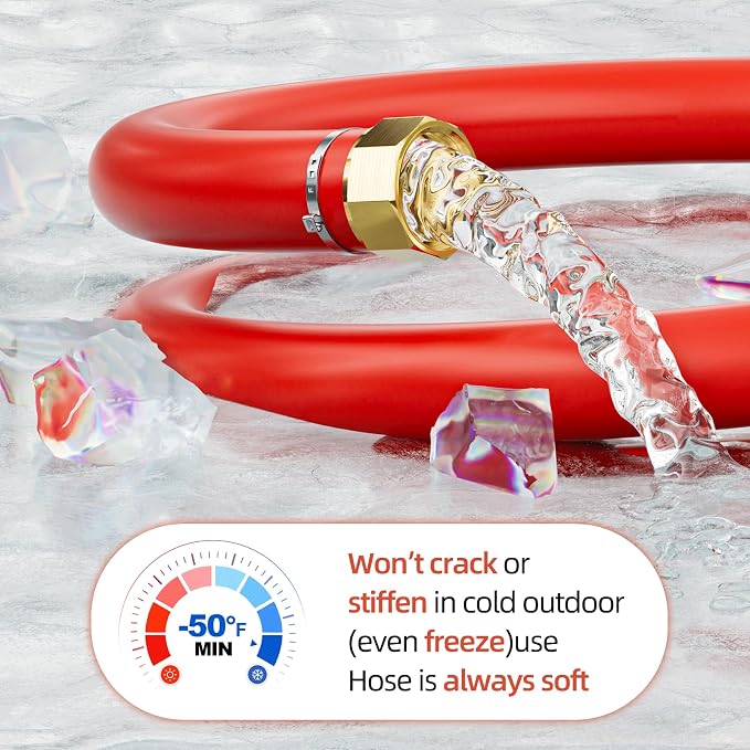 SPECILITE 1" Hot/Cold Short Leader Garden Water Hose 5ft, -50℉ to 190℉, High Water Flow & Flexible, Heavy Duty Rubber Pipe with 3/4" Brass Fittings for All-weather Outdoor, Industrial, Farm, Red
