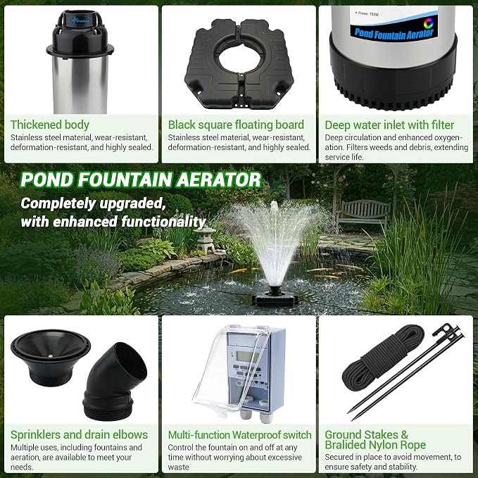 Pond Fountain Aerator, 1HP 750W Floating Fountain Aerator System for Outdoor Small Large Pond Lake, 110V 15000 GPH Fully Automatic Stainless Steel Fountain Pump with 100 Feet Power Cord