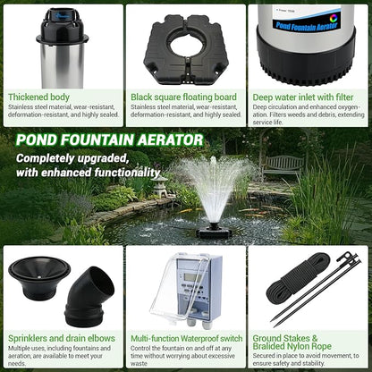 Pond Fountain Aerator, 1HP 750W Floating Fountain Aerator System for Outdoor Small Large Pond Lake, 110V 15000 GPH Fully Automatic Stainless Steel Fountain Pump with 100 Feet Power Cord