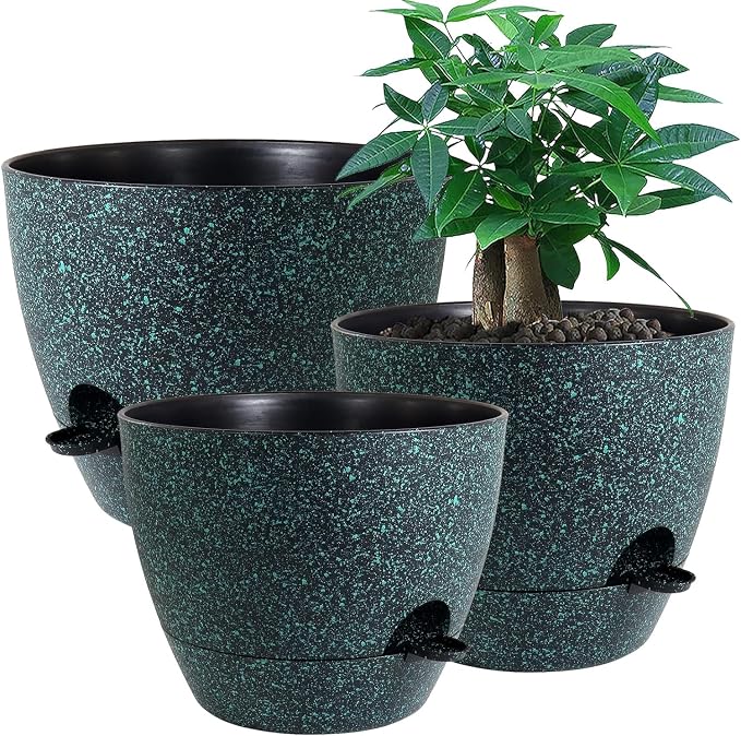 UOUZ Large Self Watering Pots, 12/10/9 Plastic Planters with High Drainage Holes and Deep Reservoir for Indoor Outdoor Garden Plants and Flowers, Black with Green Speckles