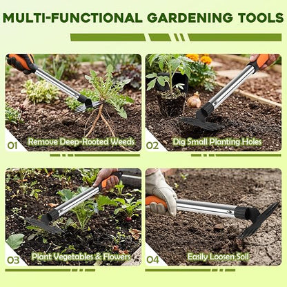 17" Hand Weeding Tool - 2 in 1 Manual Uprooting Weed Puller and Weeding Rake, Heavy Duty Grass Remover Tool, Gardening Weed Pulling Tools for Yard, Lawn, Patio and Garden