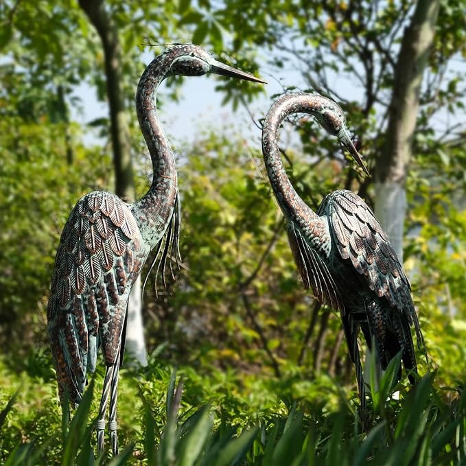 Kircust Garden Crane Statues, Standing Metal Patina Heron Decoy Weather-Resistant and Rustless Outdoor Statue, 42-46 Inch Bird Yard Art for Patio Lawn Pond, Set of 2