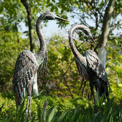 Kircust Garden Crane Statues, Standing Metal Patina Heron Decoy Weather-Resistant and Rustless Outdoor Statue, 42-46 Inch Bird Yard Art for Patio Lawn Pond, Set of 2