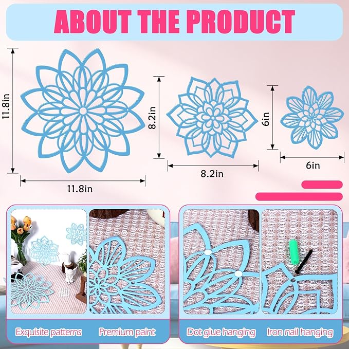 Zzbakress 3 Pieces Metal Flowers Wall Decor, Black Wall Decors Metal, Flower Art Wall Decor Farmhouse Wall Decorations Multiple Flowers Hanging Decor for Bathroom Living Room Home Kitchen Garden Office (Blue Elegant)