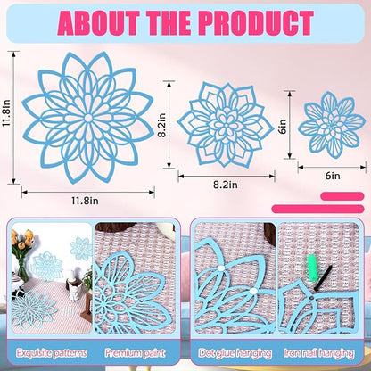 Zzbakress 3 Pieces Metal Flowers Wall Decor, Black Wall Decors Metal, Flower Art Wall Decor Farmhouse Wall Decorations Multiple Flowers Hanging Decor for Bathroom Living Room Home Kitchen Garden Office (Blue Elegant)