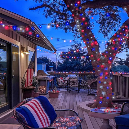JMEXSUSS 2 Pack Solar String Lights, Red White and Blue, Total 200LED 66ft | Patriot Solar Lights Outdoor Waterproof, 8 Modes 4th of July Lights for Independence Day Patio Yard Tree Decorations