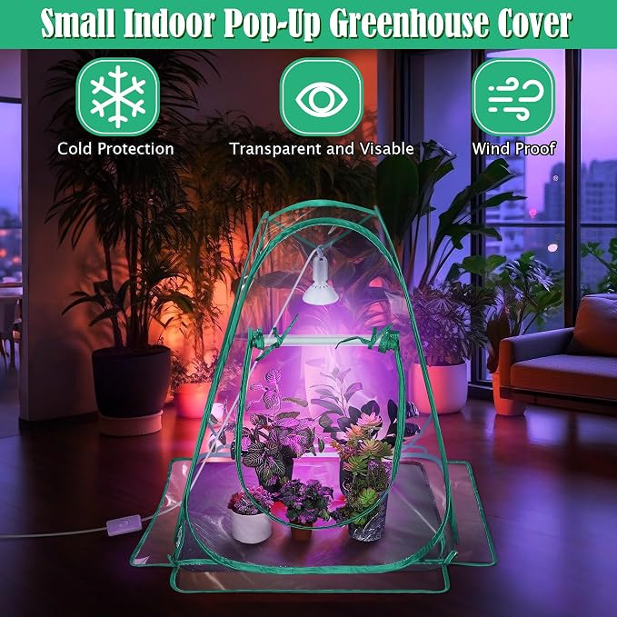 Meonum 2 Pack Mini Greenhouse with 10W 200 LED Grow Light Bulbs for Indoor, 27" x 27" x 30" Pop Up Small Greenhouse Cover with Bottom Waterproof Bottom Mat for Indoor Outdoor Plants Seed Starting