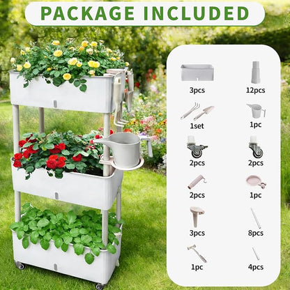 Self-Watering Raised Planter Box with Lockable Wheels,3-Tier Elevated Garden Bed with Visible Water Level Window,Indoor Outdoor Plastic Plant Box for Flowers,Vegetables & Herbs