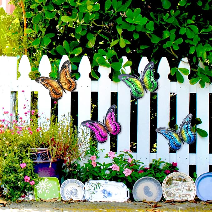 Metal Butterfly Wall Art Decor - 6.5" Outdoor Fence Decoration, Hanging for Garden Yard Living Room Bedroom Patio Balcony(4 Pack)