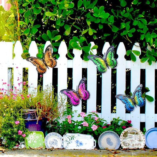 Metal Butterfly Wall Art Decor - 6.5" Outdoor Fence Decoration, Hanging for Garden Yard Living Room Bedroom Patio Balcony(4 Pack)