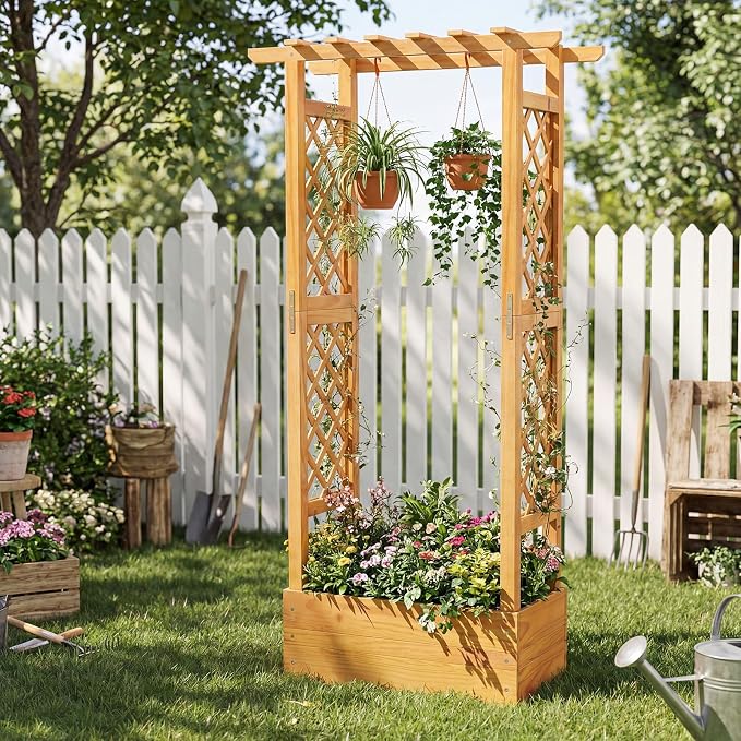 Happygrill 60" Raised Garden Bed with Trellis, Wood Planter Box w/Hanging Roof, 2 Side Trellises, Open-Ended Base for Flower, Climbing Plant, Plant Container for Garden