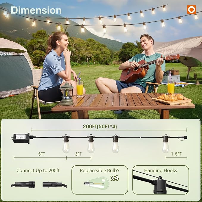 addlon 200FT LED Outdoor String Lights, Remote Dimmable Patio Lights with Timer & 3 Lighting Modes, 64 Shatterproof Edison Bulbs, Waterproof Connectable String Lights for Outside Backyard Porch Party