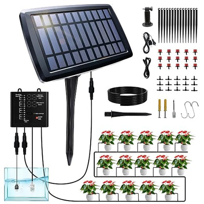Solar Drip Irrigation System, Auto Watering Kit for 15 Pots, 49FT Hose, Low Water Alarm & Split Solar Panel, One-Button Timer, Self-Watering for Indoor Outdoor Garden Balcony Patio