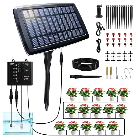 Solar Drip Irrigation System, Auto Watering Kit for 15 Pots, 49FT Hose, Low Water Alarm & Split Solar Panel, One-Button Timer, Self-Watering for Indoor Outdoor Garden Balcony Patio