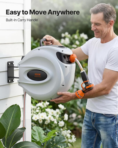 VEVOR Retractable Hose Reel, 100 ft x 1/2 inch, 180° Swivel Bracket Wall-Mounted, Garden Water Hose Reel with 9-Pattern Nozzle, Automatic Rewind, Lock at Any Length, and Slow Return System