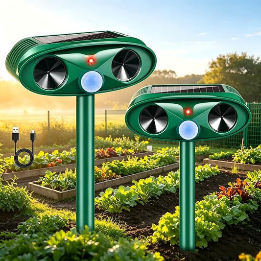 2 Pack Ultrasonic Deer Repellent Devices,Cat Deterrent Outdoor Solar Animal Repeller for Squirrel Racoon Rabbit Fox Skunk,USB Charging Waterproof Motion Sensor Sonic Fortress Pro Deterrent for Garden