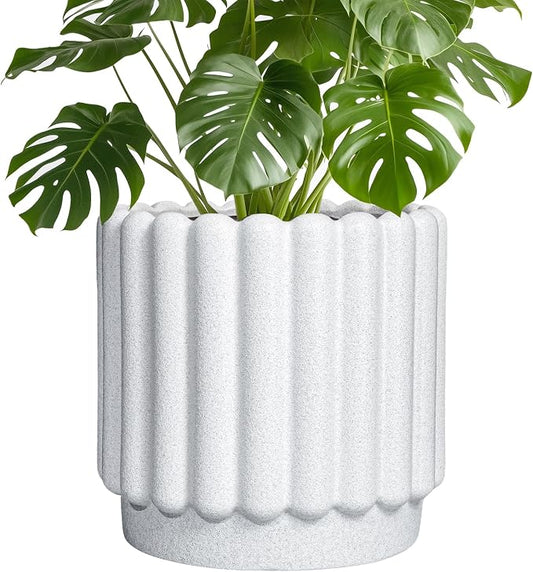 Ceramicfor Ceramic Plant Pot, 9.6 Inch, White | Drainage Hole, Round Flower Pot, Modern Fluted Design, Indoor & Outdoor Use