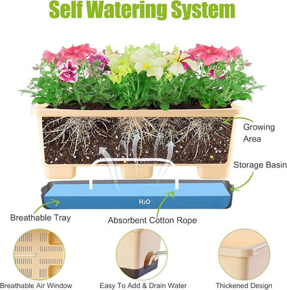 Oliz Window Box Planter 8 Pcs, 17 Inches Rectangle Flower Pots with Drainage Holes & Trays, Vegetable Planters for Windowsill Patio Garden Balcony Home Indoor Outdoor (Barley Yellow, 16 * 7 * 6 inch)