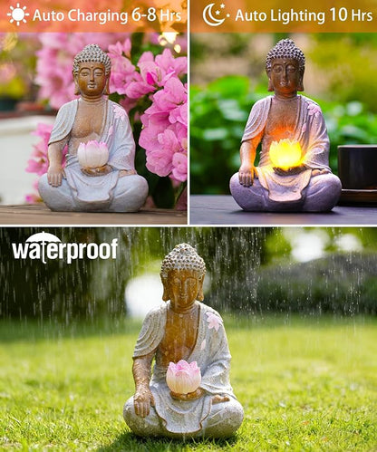 Nacome Solar Buddha Garden Statue Decor: Sitting Resin Figurine with Lotus Flower Light Zen Sculpture for Patio Lawn Yard Porch Balcony Meditation Space - 8.3 inches(White)