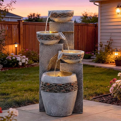 19.5" H 4-Tier Indoor & Outdoor Water Fountain with LED Lights | Resin Pebble Textured Tabletop Cascading Water Feature, Relaxing Decor for Patio, Porch, Deck, Yard & Home