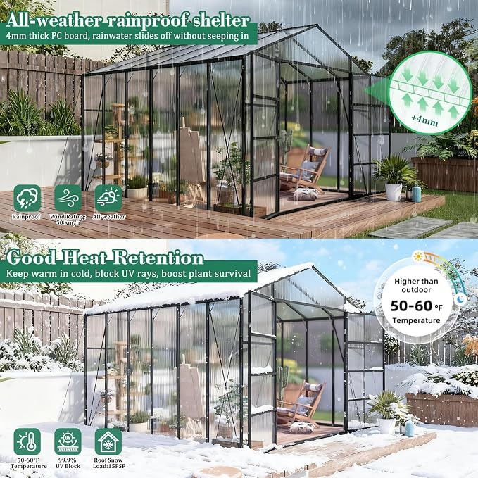 10x12 FT Greenhouse, Walk-in Heavy Duty Polycarbonate Outdoor Greenhouses with Raised Base & Anchor, Height-Enhanced Aluminum Frame & Drainage System for Backyard All Season Growing, Black