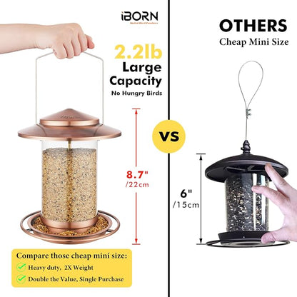 iBorn Metal Bird Feeders for Outdoors, Brushed Copper, 6 Port, 2.2LB | For Cardinal, Chew Proof, 18cm Large Roof & Tray, Hanging